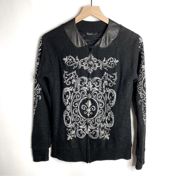 Vocal Black Rhinestone Embellished Zip Up Lightweight Cardigan Top Medium Y2K - Picture 1 of 11